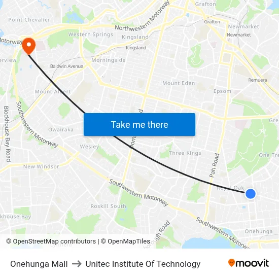 Onehunga Mall to Unitec Institute Of Technology map
