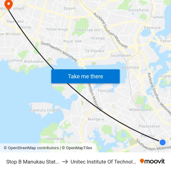 Stop B Manukau Station to Unitec Institute Of Technology map