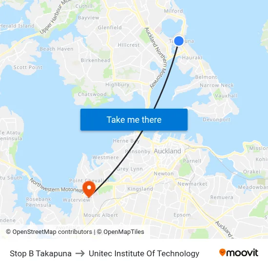 Stop B Takapuna to Unitec Institute Of Technology map