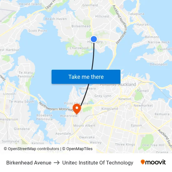 Birkenhead Avenue to Unitec Institute Of Technology map