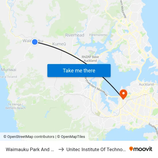 Waimauku Park And Ride to Unitec Institute Of Technology map