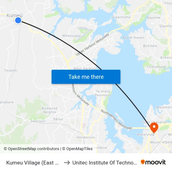 Kumeu Village (East End) to Unitec Institute Of Technology map