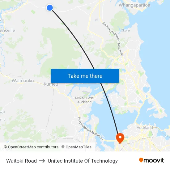 Waitoki Road to Unitec Institute Of Technology map