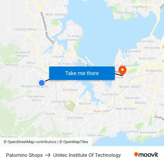 Palomino Shops to Unitec Institute Of Technology map