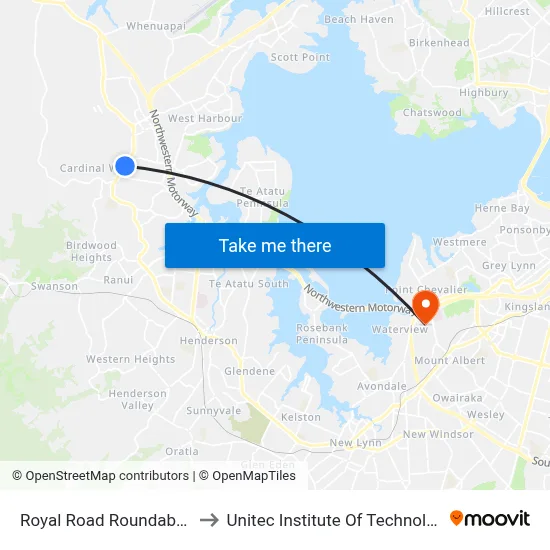 Royal Road Roundabout to Unitec Institute Of Technology map
