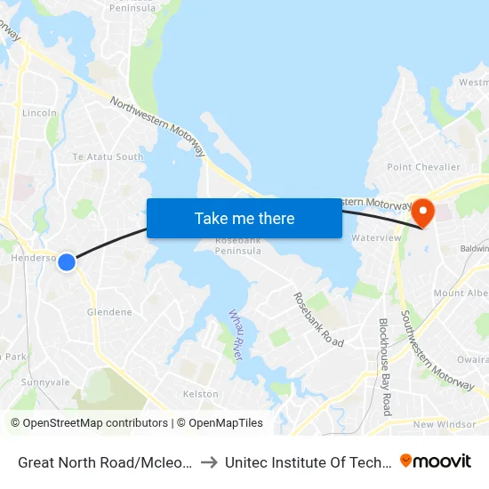 Great North Road/Mcleod Road to Unitec Institute Of Technology map