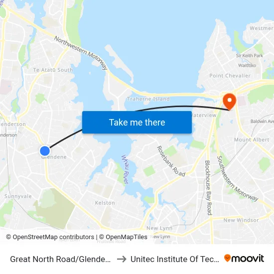 Great North Road/Glendene Shops to Unitec Institute Of Technology map