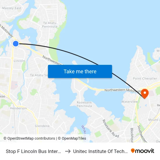 Stop F Lincoln Bus Interchange to Unitec Institute Of Technology map