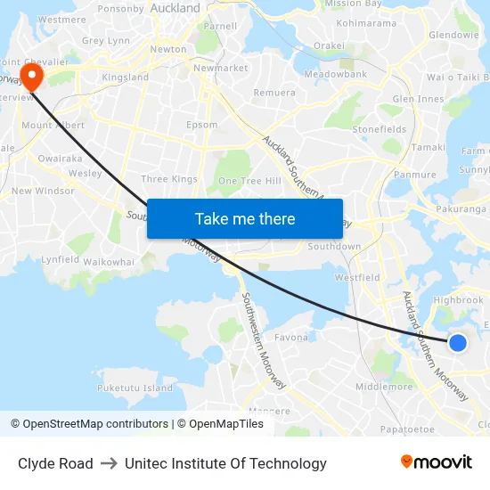 Clyde Road to Unitec Institute Of Technology map