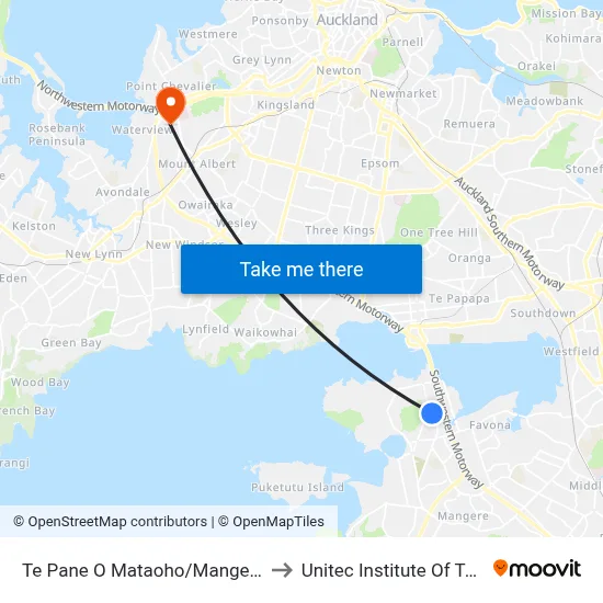 Te Pane O Mataoho/Mangere Mountain to Unitec Institute Of Technology map