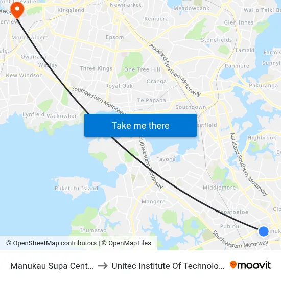 Manukau Supa Centre to Unitec Institute Of Technology map