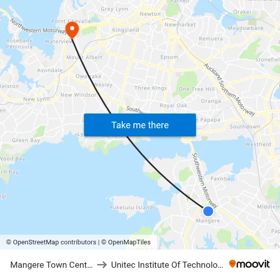 Mangere Town Centre to Unitec Institute Of Technology map