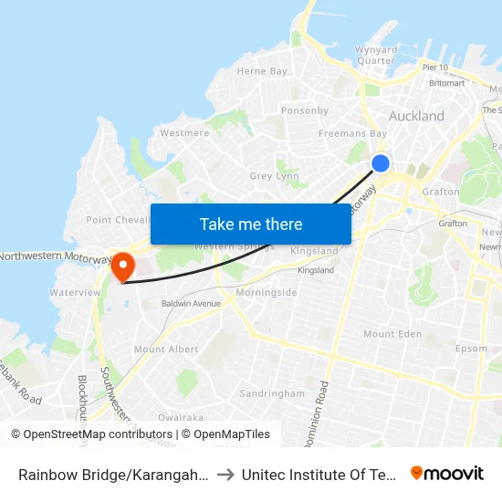 Rainbow Bridge/Karangahape Road to Unitec Institute Of Technology map