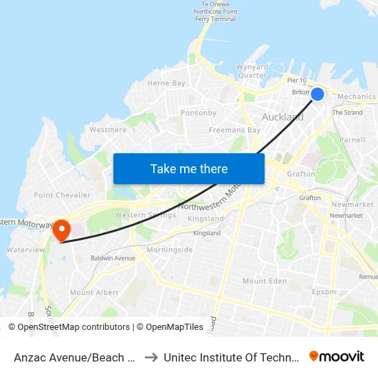 Anzac Avenue/Beach Road to Unitec Institute Of Technology map