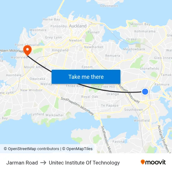 Jarman Road to Unitec Institute Of Technology map