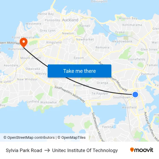 Sylvia Park Road to Unitec Institute Of Technology map