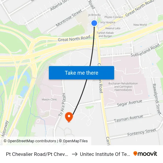 Pt Chevalier Road/Pt Chevalier Shops to Unitec Institute Of Technology map