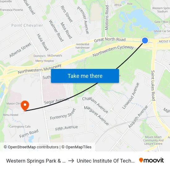 Western Springs Park & Motat to Unitec Institute Of Technology map
