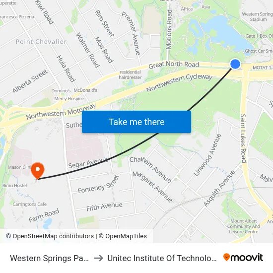 Western Springs Park to Unitec Institute Of Technology map