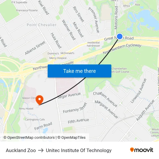 Auckland Zoo to Unitec Institute Of Technology map