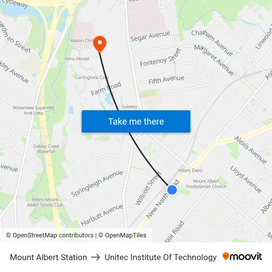 Mount Albert Station to Unitec Institute Of Technology map