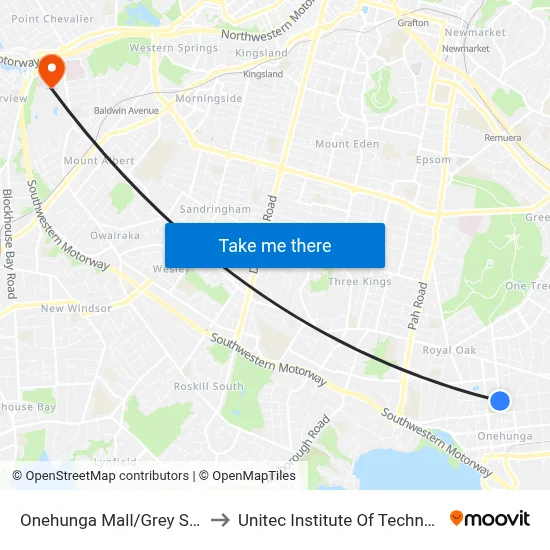 Onehunga Mall/Grey Street to Unitec Institute Of Technology map