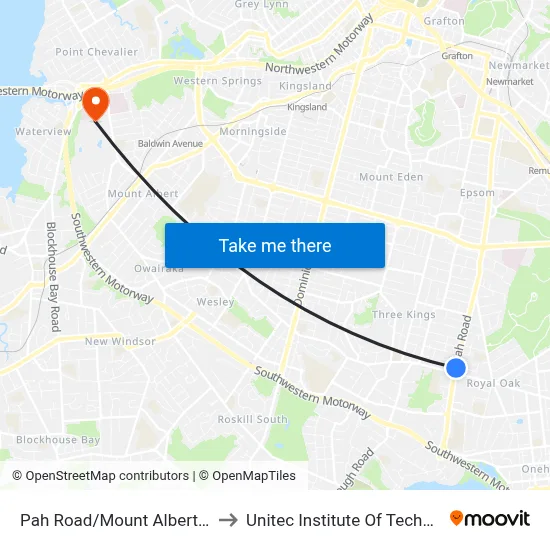 Pah Road/Mount Albert Road to Unitec Institute Of Technology map