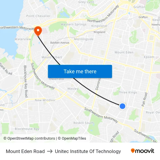Mount Eden Road to Unitec Institute Of Technology map