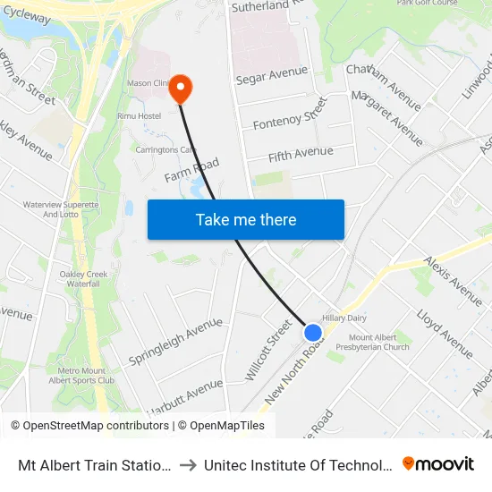 Mt Albert Train Station 2 to Unitec Institute Of Technology map