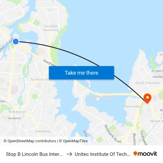 Stop B Lincoln Bus Interchange to Unitec Institute Of Technology map