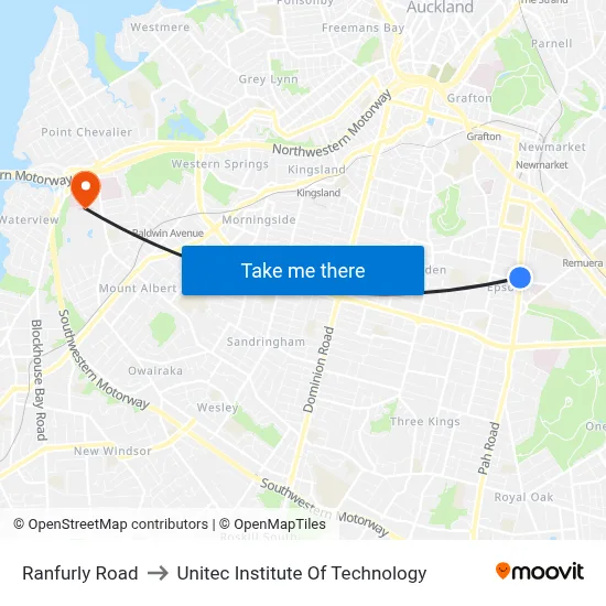 Ranfurly Road to Unitec Institute Of Technology map