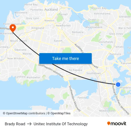 Brady Road to Unitec Institute Of Technology map