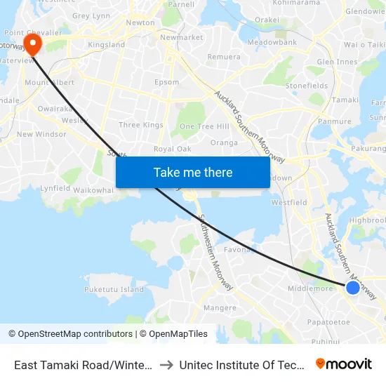 East Tamaki Road/Wintere Road to Unitec Institute Of Technology map