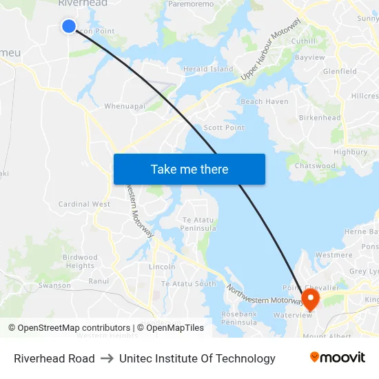 Riverhead Road to Unitec Institute Of Technology map