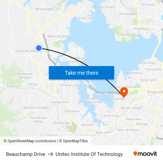 Beauchamp Drive to Unitec Institute Of Technology map