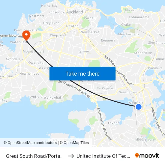 Great South Road/Portage Road to Unitec Institute Of Technology map