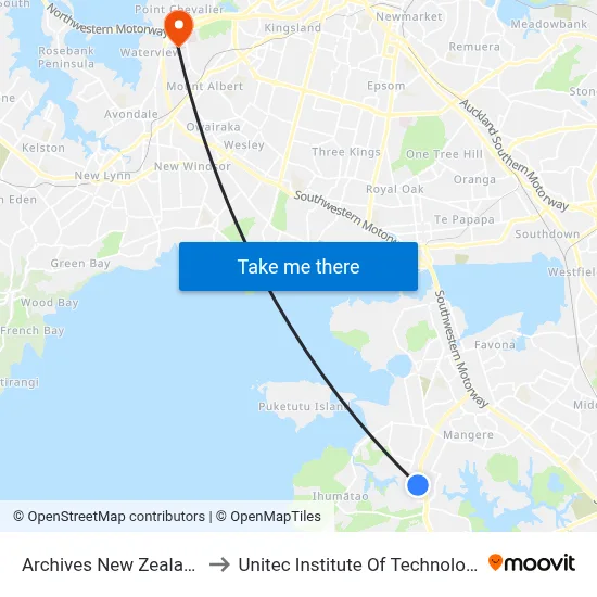 Archives New Zealand to Unitec Institute Of Technology map