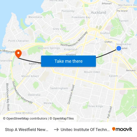 Stop A Westfield Newmarket to Unitec Institute Of Technology map