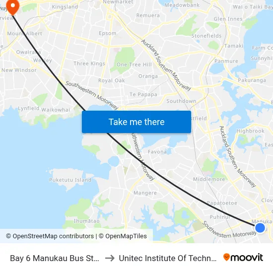 Bay 6 Manukau Bus Station to Unitec Institute Of Technology map