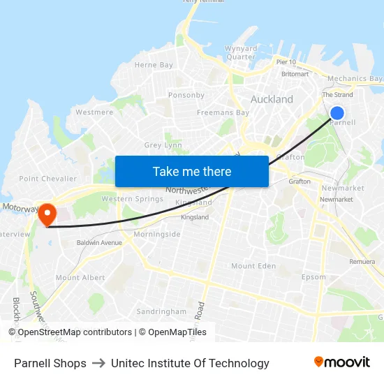 Parnell Shops to Unitec Institute Of Technology map