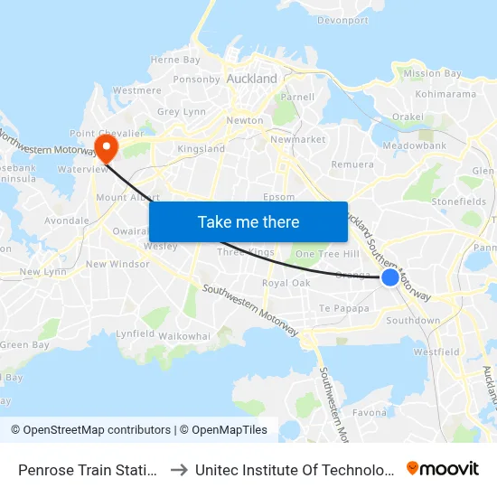Penrose Train Station to Unitec Institute Of Technology map