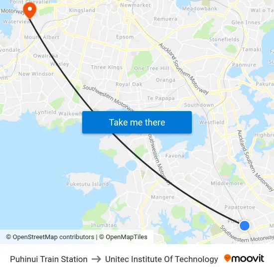 Puhinui Train Station to Unitec Institute Of Technology map
