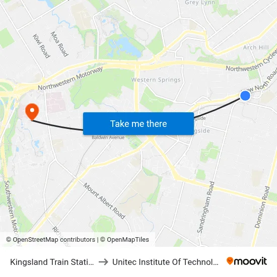 Kingsland Train Station to Unitec Institute Of Technology map