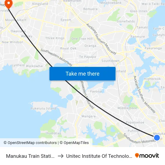 Manukau Train Station to Unitec Institute Of Technology map