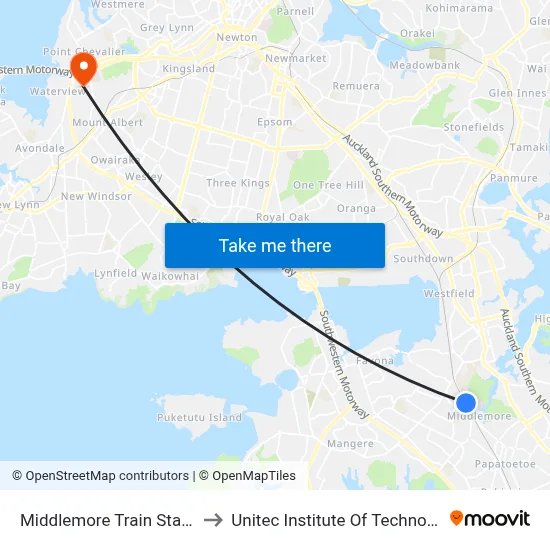 Middlemore Train Station to Unitec Institute Of Technology map