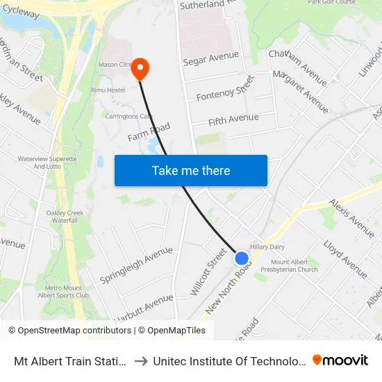 Mt Albert Train Station to Unitec Institute Of Technology map