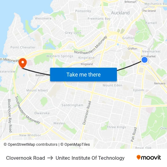 Clovernook Road to Unitec Institute Of Technology map