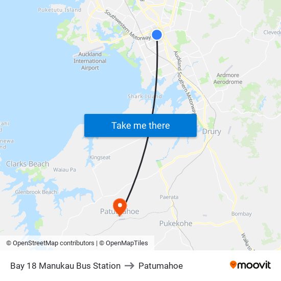 Bay 18 Manukau Bus Station to Patumahoe map