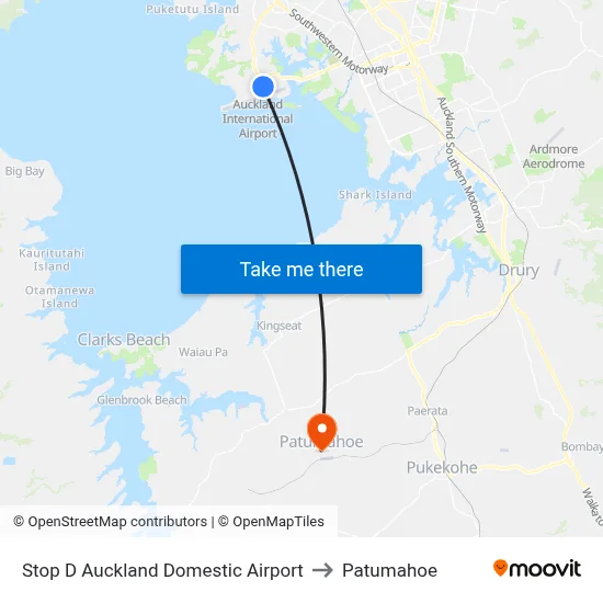 Stop D Auckland Domestic Airport to Patumahoe map