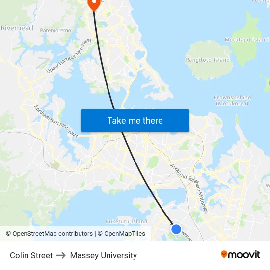 Colin Street to Massey University map